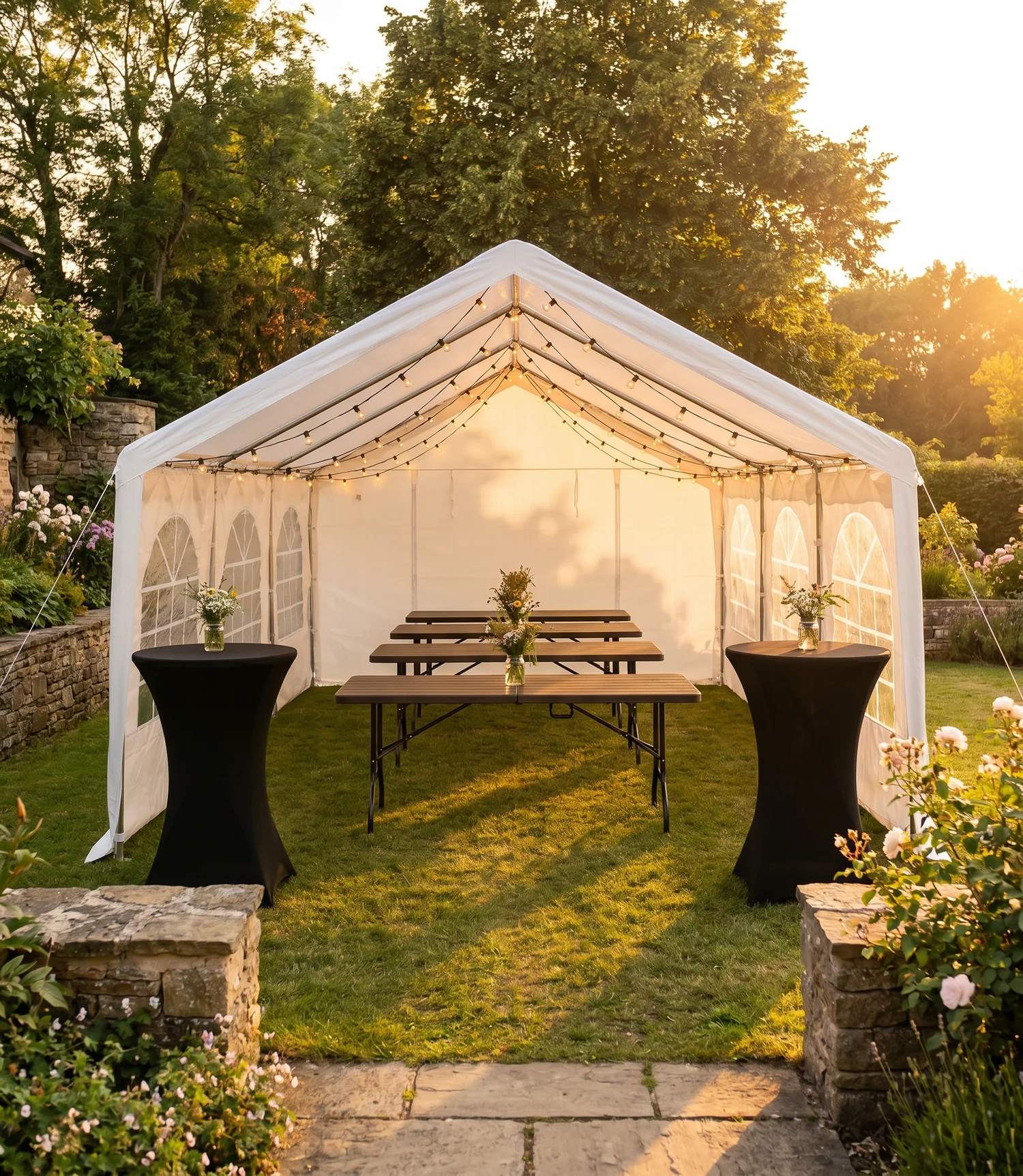 Barnum installé dans un jardin avec tables et mange-debout